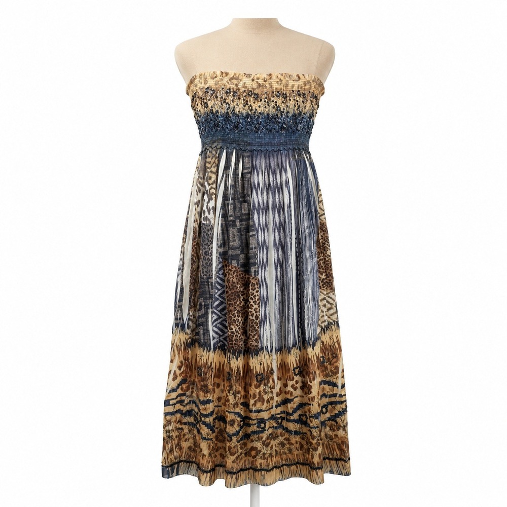 Vintage Y2K Cache Strapless Beaded Mini Dress Size S Animal Print Indie Sleaze